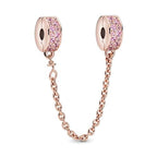 S925 Bead Dangle Charms for Bracelets Necklaces, Compatible with Pandora - style: Pink Pave Clips Safety Chain 14K Rose Gold Plated