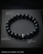 Forge & Foundry Men’s Matte Black Solid Onyx Beaded Bracelet | 10mm, 8mm, 6mm Bead Size Options | Signature Stainless Steel Engraved Bead | Andalus - color: 8mm Silver, size: Medium