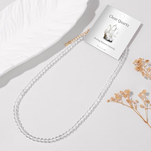 Crystal Choker Necklaces for Women,4mm Handmade Natural Stone Choker Beaded Necklace Healing Crystal Necklace Gemstone Bead Necklaces for Women - color: Clear Quartz