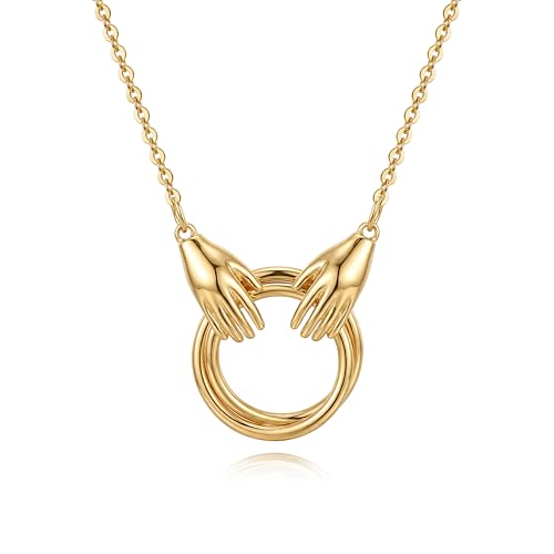 Fettero Dainty Gold Necklace for Women - 14K Gold Plated Hand Pendant Neckalces Gifts for Friends Hand Sign Language Trendy Charm Gesture Necklace Jewelry Gift - style: Circle