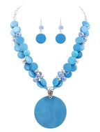 Layered Beads Statement Fashion Necklace Chunky Jewelry Set Big Colorful Glass Stone Circle Shell Pendant Choker Necklace and Earring Set for Women - color: light blue