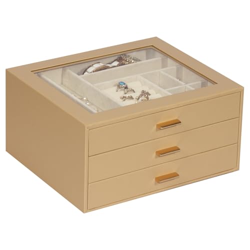 Jewelry Box with Glass Lid, 3-Layer Jewelry Organizer for Women Girls, PU Leather Display Case with 20-Grid Earring Tray & Movable Dividers for Necklaces Rings,Camel - color: Camel, size: 3-Layer