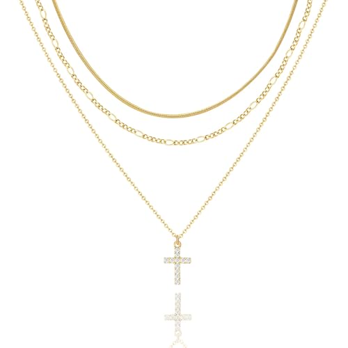 LANE WOODS Gold Plated Necklaces for Women - Multilayer Coin Medallion Pendant Necklace Adjustable Layering Choker Necklaces Chain Set Jewelry - style: Cross-Gold