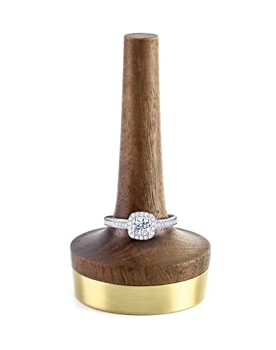QWORK Wooden Ring Holder for Jewelry, Black Walnut Wood with Brass Stand Modern Display, Gift For Wedding & Anniversary - size: 1 Pc