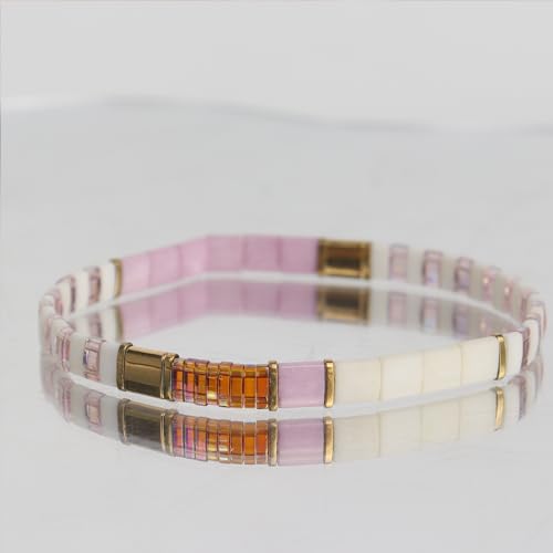 Tila Beaded Stretch Strand Bracelets for Women, Cute Boho Stackable Handmade Colorful Mixed Flat Square Beads Elastic Beach Surfer Bracelet Trendy Jewelry Friend Gift - color: 0901E