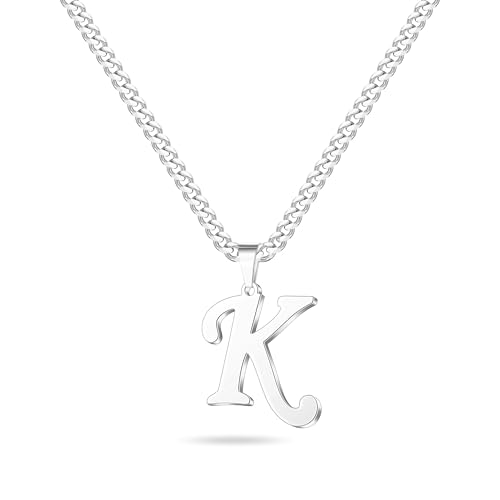 LUXEJEW Initial A-Z Letter Necklace for Men Boys Women, Stainless Steel Cuban Link Chain Letter Pendant Necklaces Capital Monogram Necklace Jewelry Gifts for Men 20+2 Inches - color: Silver, size: Letter K
