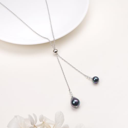 Long Necklace Sterling Silver Larait Bar Y Lariat Long Chain Drop Adjustable Necklace Gift for Her, 30" - style: Long Black Pearl Necklace