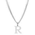Men’s Minimal Initial Necklace, Stainless Steel Gold Silver Tone 26 Letters Pendant Necklace for Men Women 3.5mm Cuban Chain Waterproof - style: R