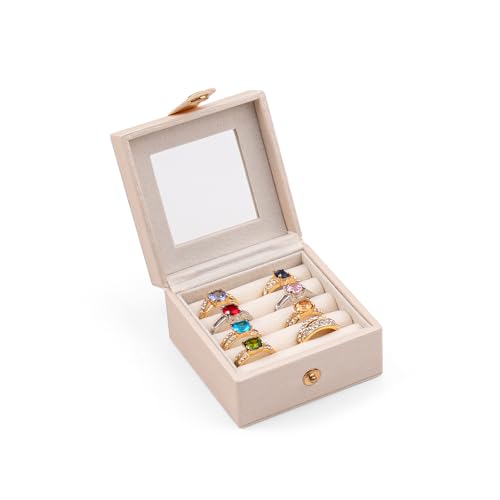 Small Leather Jewelry Box with Glass Top Mini Ring Display Case with 8 Slots for Selling Gift for Girls and Women (Pearl White) - color: PearlWhite