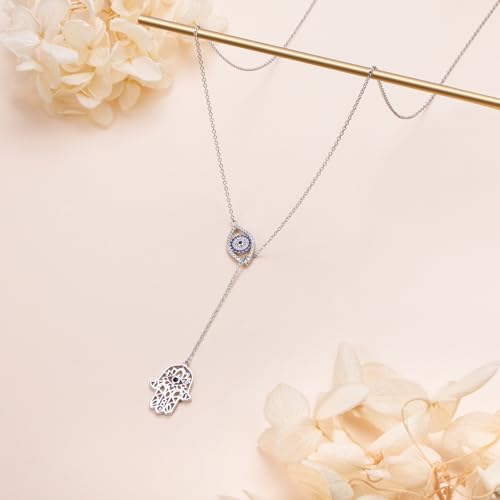 Long Necklace Sterling Silver Larait Bar Y Lariat Long Chain Drop Adjustable Necklace Gift for Her, 30" - style: Evil Eye Hamsa Hand Necklace