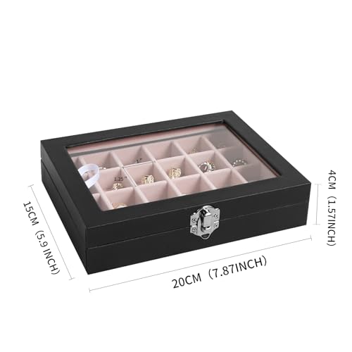 Wudygirl Small Jewelry Box 24 Grid Jewelry Organizer Velvet Jewelry Tray with Clear Lid Earring Holder Organizer Ring Holder Ring Display for Women Jewelry Display Case Drawer Inserts (Pink) - style: Black Pink 24 Grid