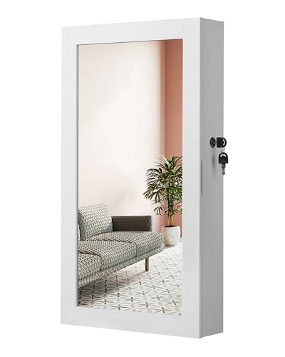 SONGMICS Lockable Jewelry Cabinet Armoire with Mirror, Wall-Mounted Space Saving Jewelry Storage Organizer, White UJJC51WT - color: White, style: Essential Capacity