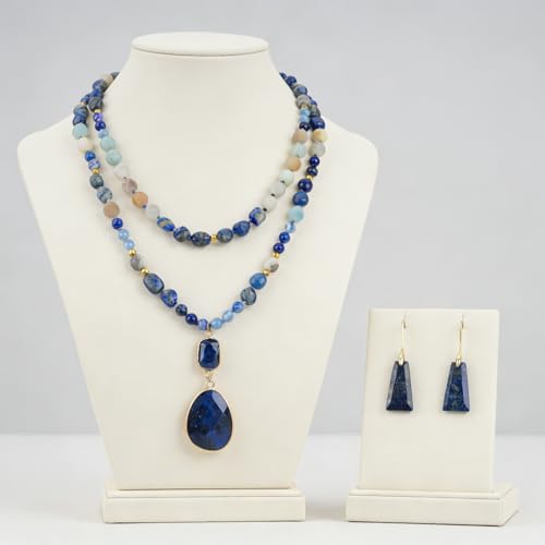 2 Pcs Boho Lapis Lazuli Jewelry Set for Women - Handmade Natural Stone Beaded Long Necklace with Oval Lapis Lazuli Pendant & Trapezoid Lapis Lazuli Earrings | Vintage Elegance | Ideal Gift for Her - style: Lapis Lazuli Pendant
