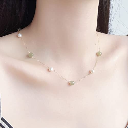 Natural Hetian Jade & Pearls Beaded Necklace Bracelet Jewelry for Women, Lucky Green Jade White Pearl Charm Adjustable Chain Jewelry Gift for Mom Lover her - color: Necklace