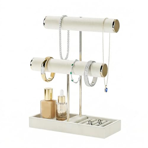 Necklace Holder,Bracelet Display,Jewelry Organizer Stand with Earrings Rings Tray,Jewelry Holder for Scrunchie Watches (Beige, 2 Tier) - color: Beige, size: 2 Tier