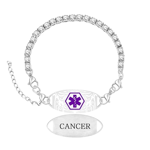 Women's Medical ID Bracelet with White Zircon Tennis Chain, Interchangeable Engraved Plate, Adjustable Lobster Clasp, Lightweight, Hypoallergenic, for Running, Outdoor, Daily Wear - color: Purple-CANCER