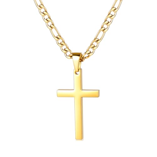 CaptainSteeL Cross Necklace for Men - Stainless Steel Silver/Gold Plain Cross Pendant Necklace Simple Jewelry Gifts, 20/22/24/26 Inches 3:1 Figaro Link Chain 4/5/6mm Width - size: 22inch, style: 4mm GOLD