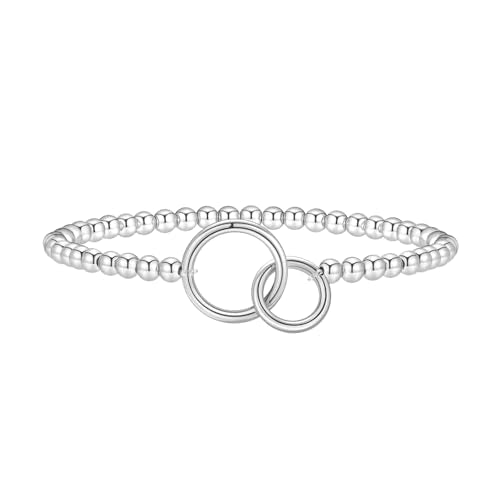 Mothers Day Gifts - Beaded Bracelets for Women 14K Silver Gold Plated Stretch Handmade Ball Bracelets Cute Charm Bracelet Dainty Stackable Cross Heart Bow Wave CZ Circle Trendy Jewelry Easter Gifts - color: double-circle-silver