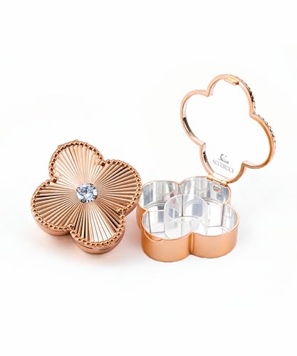 Lucky Charm Luxury Travel Pill Organizer, 5 Compartments, Easy-Open Lock, Mirror, Cute Compact Pill Box for Purse, BPA-Free, Gold, Stylish Vitamin Case & Small Jewelry Storage (Rose Gold) - color: Rose Gold