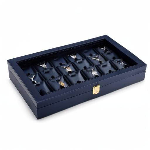 Oirlv Premium Blue Leather Jewelry Tray with 24 Grid Removable Jewelry Cards Jewelry Organizer Box with Transparent Acrylic Lid Necklace Pendant Display Case - color: Blue, size: 24 Gird with Inserts
