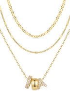 Layered Gold Necklaces for Women, 14K Gold Plated Dainty Cubic Zirconia Rondelle Initial Pendant Necklace, Chunky Stackable Mariner Chain Choker, Trendy Personalized Name Jewelry Gifts for Women - style: Letter A
