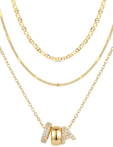 Layered Gold Necklaces for Women, 14K Gold Plated Dainty Cubic Zirconia Rondelle Initial Pendant Necklace, Chunky Stackable Mariner Chain Choker, Trendy Personalized Name Jewelry Gifts for Women - style: Letter A