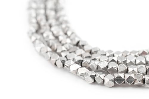 The Bead Chest Cornerless Cube Beads - Full Strand of Faceted Ethnic Metal Spacers (3mm, Silver) - color: Silver, size: 3mm