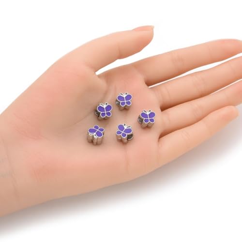 40pcs Purple Enamel Butterfly Symbol of Transformation Large Hole Animal Beads (Hole 4.5mm) Antique Silver for Earrings Bracelet Necklace Anklet Jewelry Making MEC-A12 - size: Butterfly (Enamel)