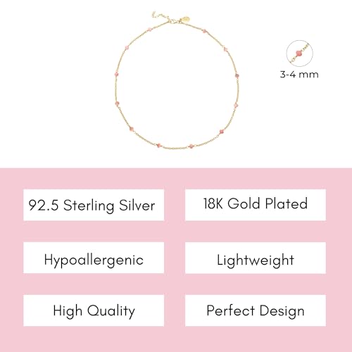Dainty Gold Necklace for Women,Trendy 18k Gold Vermeil Sterling Silver Choker Necklace Thin Beaded Choker Necklaces Womens Simple Jewelry Gift for Valentines Day - color: October - Pink Opal