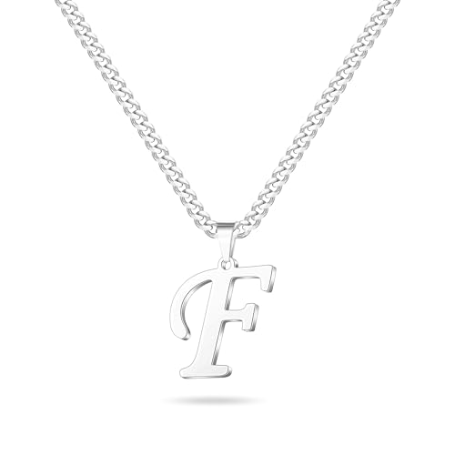 LUXEJEW Initial A-Z Letter Necklace for Men Boys Women, Stainless Steel Cuban Link Chain Letter Pendant Necklaces Capital Monogram Necklace Jewelry Gifts for Men 20+2 Inches - color: Silver, size: Letter F