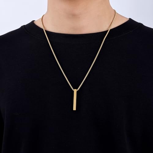 Fiusem Pendant Necklace for Men, Silver Tone/14k Gold Plated/Black Mens Pendant Necklaces with 2.5 mm Box Chain, Stainless Steel Bar Chain, 18-28 Inches - color: gold, size: 26 Inches, style: Pierced Rectangle