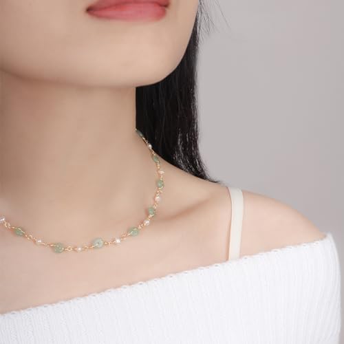 14K Gold Plated Natural Jade & Pearls Necklaces for Women, Natural Freshwater Pearls Jade Pendant Lucky Green Jewelry Chain for Women Lover (14K Gold Plated)
