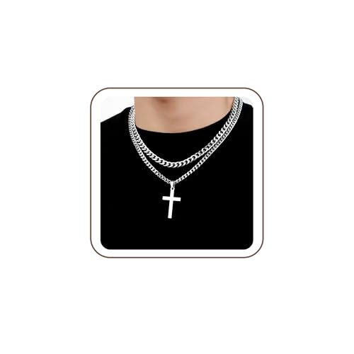SENRAN Layered Cross Necklace for Men Boys Stainless Steel Layered Cuban Link Chain 16-24 inch Christian Cross Pendant Religious Jewelry Gifts - color: Silver, style: 18inch/20inch
