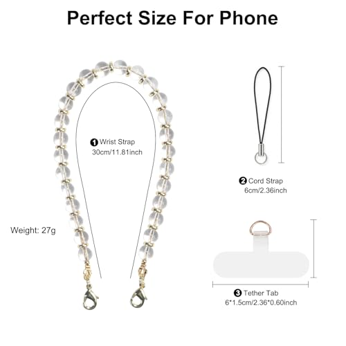 TEAMOLA Natural Stone Phone Charm, Handmade Crystal Cellphone Chain for Universal, Beaded Healing Anti Theft Phone Wrist Strap with Tether Tab, Clear Quartz - color: Clear