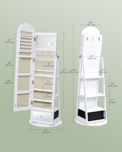 SONGMICS 360° Swivel Jewelry Cabinet, Full-Length Arched Mirror with LED Lights, Magnifying Mirror, Storage Shelves, Drawer, Cloud White UJJC030WB01 - color: Cloud White
