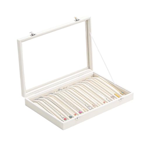 14 Hooks Necklace Storage Tray, Velvet Neckalce Organizer Box with Clear Lid, Pendant Chain Necklace Jewelry Organizer Drawer Tray for Women Girls (Beige) - color: Beige
