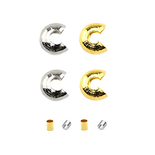 2mm Tiny Tube Crimp Beads and 4mm Crimp Bead Knot Covers Half Round Easy to Position Two Sides Keep Flush Close Neatly Evenly Stop Wire Wear No Irritate for Jewelry Craft Silver Gold 180sets - size: 2mm&4mm-Silve&Gold-180Pcs
