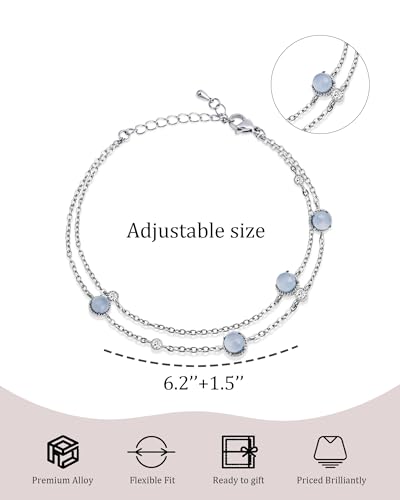 Rhinestone Birthstone Blue Bracelet for Women, Adjustable Silver Plated Chain Bracelet with Lobster Clasp and Extension, Dainty March Birthstone Link Bracelet Gift for Birthday or Anniversary Christmas Jewelry