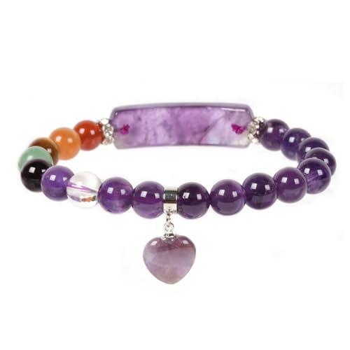 Justinstones Gem Semi Precious Gemstone Love Heart Charm Stretch Beaded Bracelet Unisex - color: Amethyst(7 Chakra)