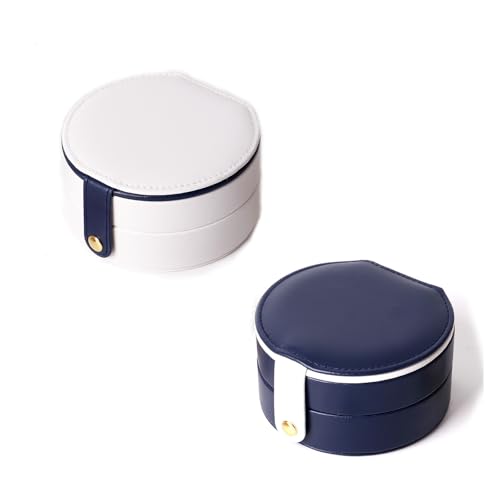 2-Pack Blue & White Travel Jewelry Box, Easy Carried Small Jewelry Organizer for Women Girls, PU Leather Mini Holder Box Storage Case Portable, Necklace, Earring, Rings, Bracelet - color: White & Blue ( Round )