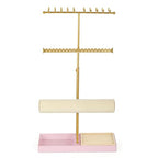 Tirzah 3-Tier Adjustable Gold Jewelry Holder Organizer Stand with 20 Necklace Hooks, 18 Earring Holes and Notches, Bracelet Holder, 6 Ring Rolls, Pink Tray for Girls, Women - color: Gold & Pink, for Necklace Earring Bracelet