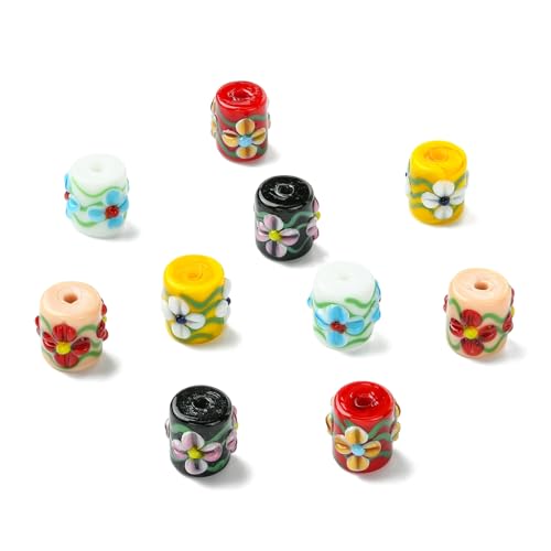 Stiesy Painted Column with Flower Glass Beads 10Pcs, 5 Colors Glass Spacer Loose Beads Bulk for DIY Jewelry Making Necklace Bracelet Earring Keychain Crafts 13x13mm - color: Column with Flower-5 Colors -10pcs