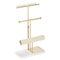 Tirzah 3-Tier Adjustable Jewelry Holder Organizer Stand with 20 Necklace Hooks, 18 Earring Holes and Notches, Bracelet Holder, 6 Ring Rolls, Jewelry Tray for Girls, Women - color: Gold & White, for Necklace Earring Bracelet
