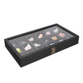 MOOCA Wooden Jewelry Display Case with Tempered Glass Lid & 18 Compartments Tray, Rock Collection Box, Crystal Display Case, Black Color - color: Black