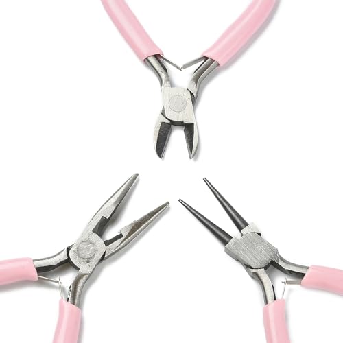 Jewelry Pliers Set (3-Piece) - Needle Nose Pliers, Round Nose Pliers & Wire Cutters for Jewelry Making, Repair, Wire Wrapping, Crafting - Professional DIY Tools (Pink) - color: Pink
