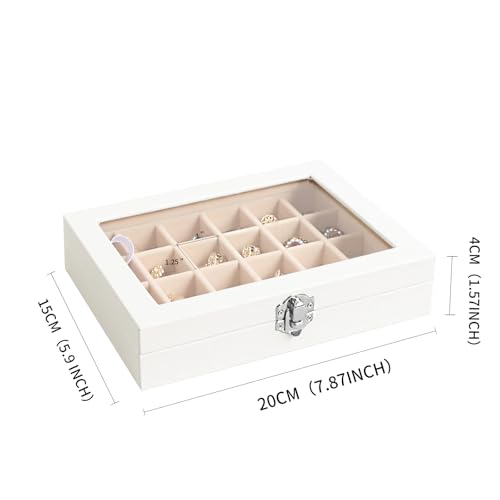 Wudygirl Jewelry Organizer Small Jewelry Box 24 Grid Earring Holder Organizer Velvet Jewelry Tray with Clear Lid Ring Holder Display Earring Organizer Storage for Women (Cream) - style: White Cream 24 Grid