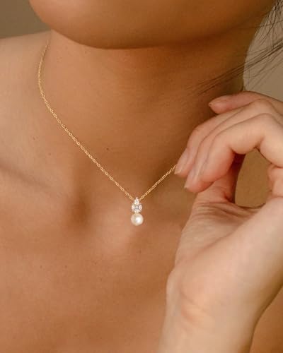 Pearl Necklace for Women- 14K Gold-plated/White Gold-plated Dainty Pearl Necklace for Women - color: Gold CZ pearl 371