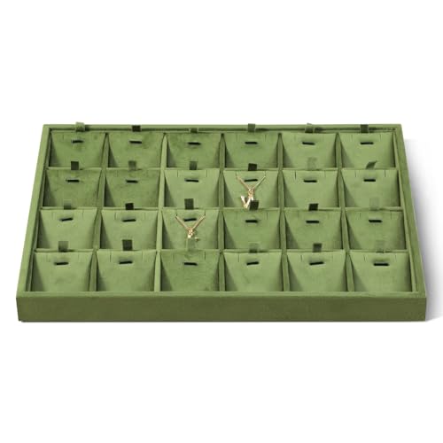 Velvet Necklace Display Tray, Stackable 24 Grid Insert Pendant Necklaces Storage Holder Plate, Jewelry Retail Countertop Organizer (Olive Green) - color: Olive Green, size: 24 Slot Necklace Tray