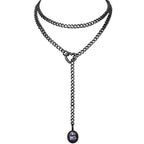 Heart Slip Chain Necklace for Women, 39 Inch Cuban Chain, Removable Heart O-Ring, Crystal Pendant, Adjustable Stainless Steel Y-Necklace - color: Black-Purple