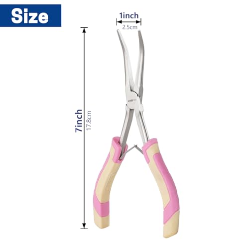 Mini Long Reach Needle Nose Pliers, 7 Inches Straight/Bent Small Long Nose Pliers with Comfort Handle for Wire Wrapping, Electronic Repair, Jewelry Making - color: Bent Long Needle Nose Pliers - Pink